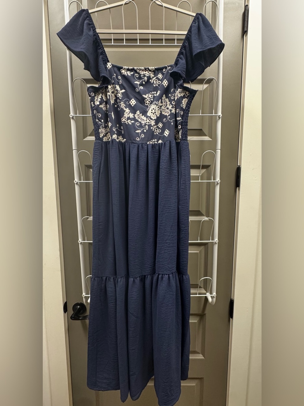 Navy Floral Bodice Maxi Dress with Flutter Sleeves